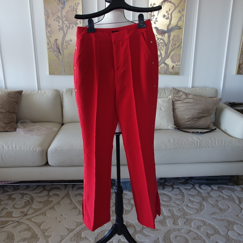 Brilliant Crimson Red Straight Leg GILI Pants with Dazzling Gold features